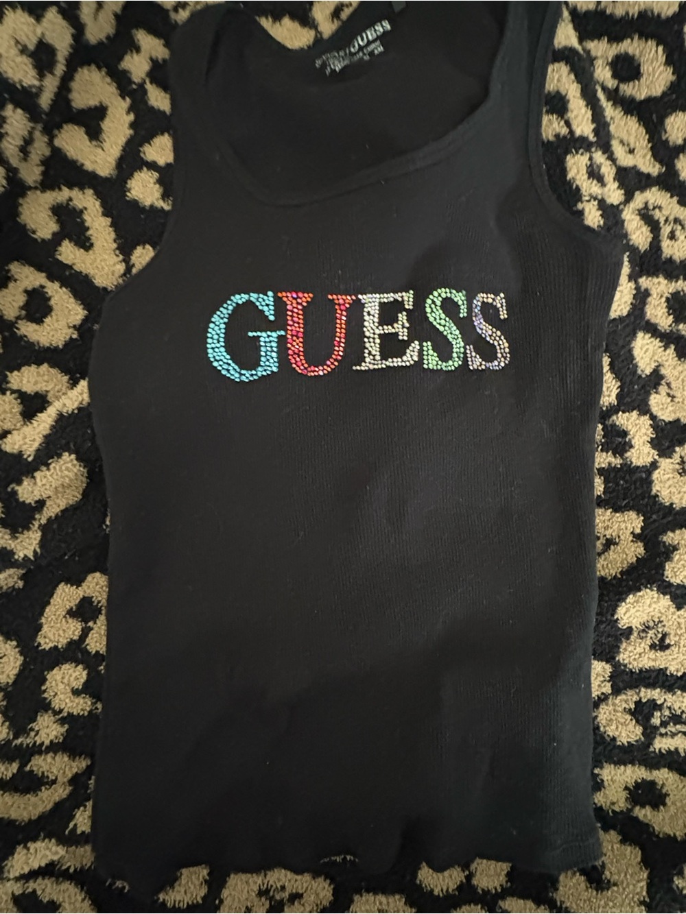 GUESS Black Ribbed Tank with Multicolor Crystal Logo